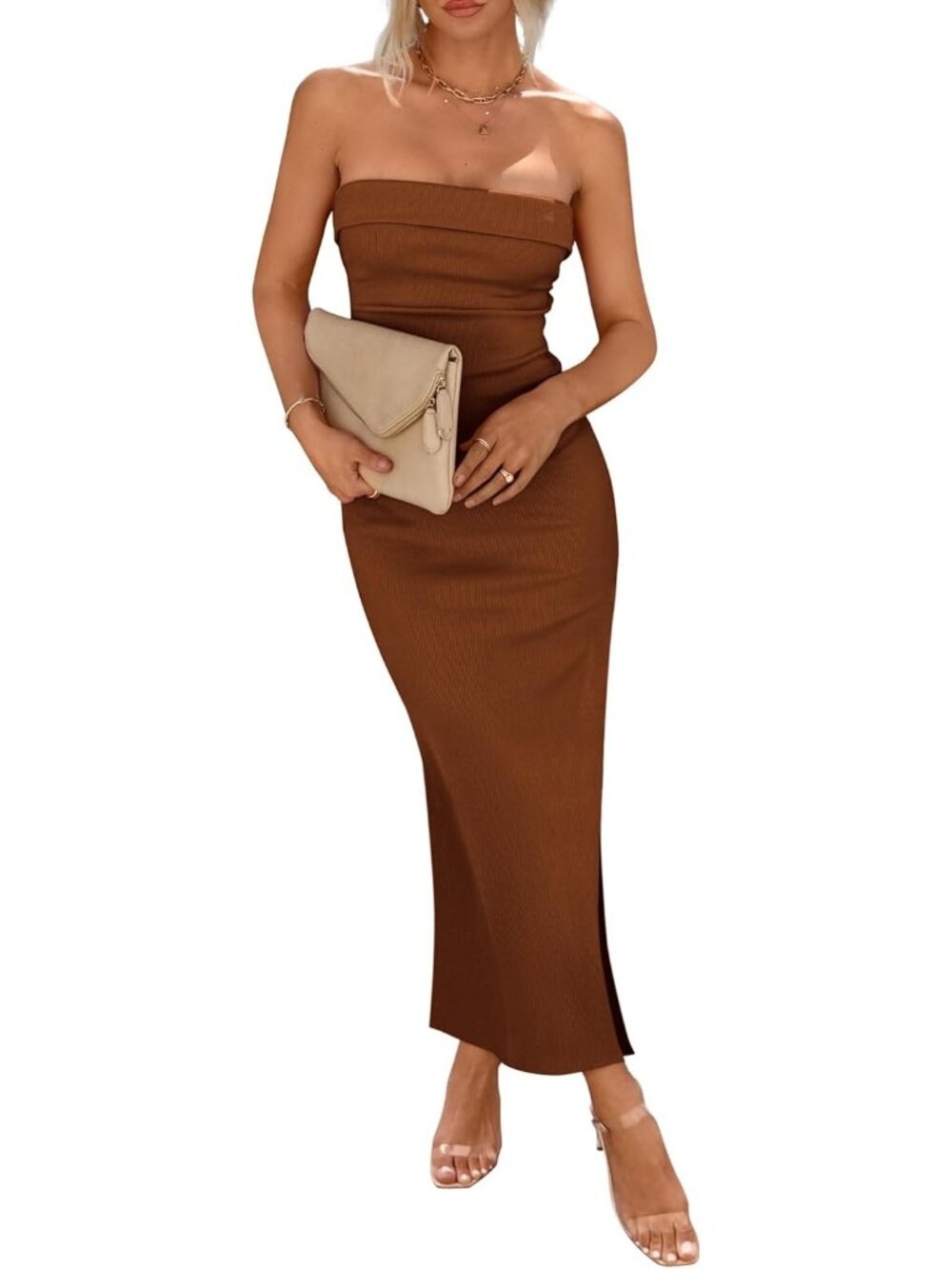 Women's Brown Summer Bodycon Maxi Tube Dress Ribbed Strapless Side Slit Long